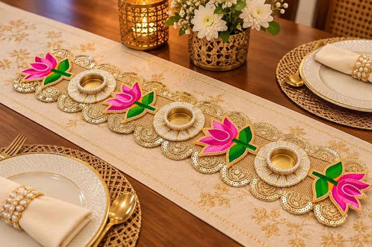 Handmade Pink Lotus Table Runner with T-Light Holders
