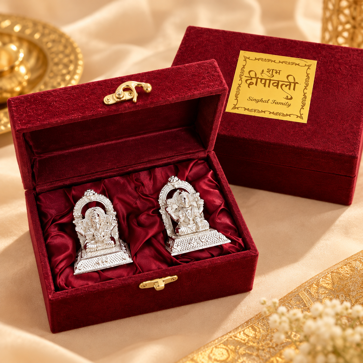 German Silver Lakshmi Ganesh Ji Idol Set in Premium Velvet Box | Diwali & Festive Gifting