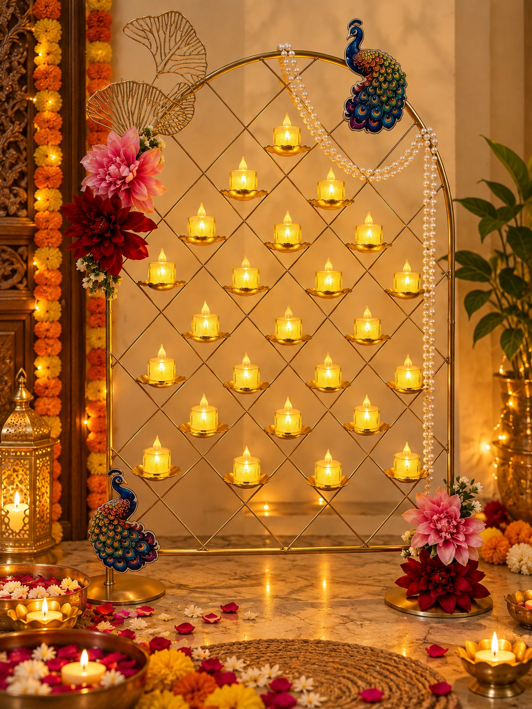 Brass-Coated Deep Mahal with 24 Diyas | Peacock & Floral Diwali Decor