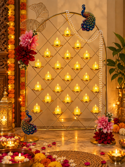 Brass-Coated Deep Mahal with 24 Diyas | Peacock & Floral Diwali Decor