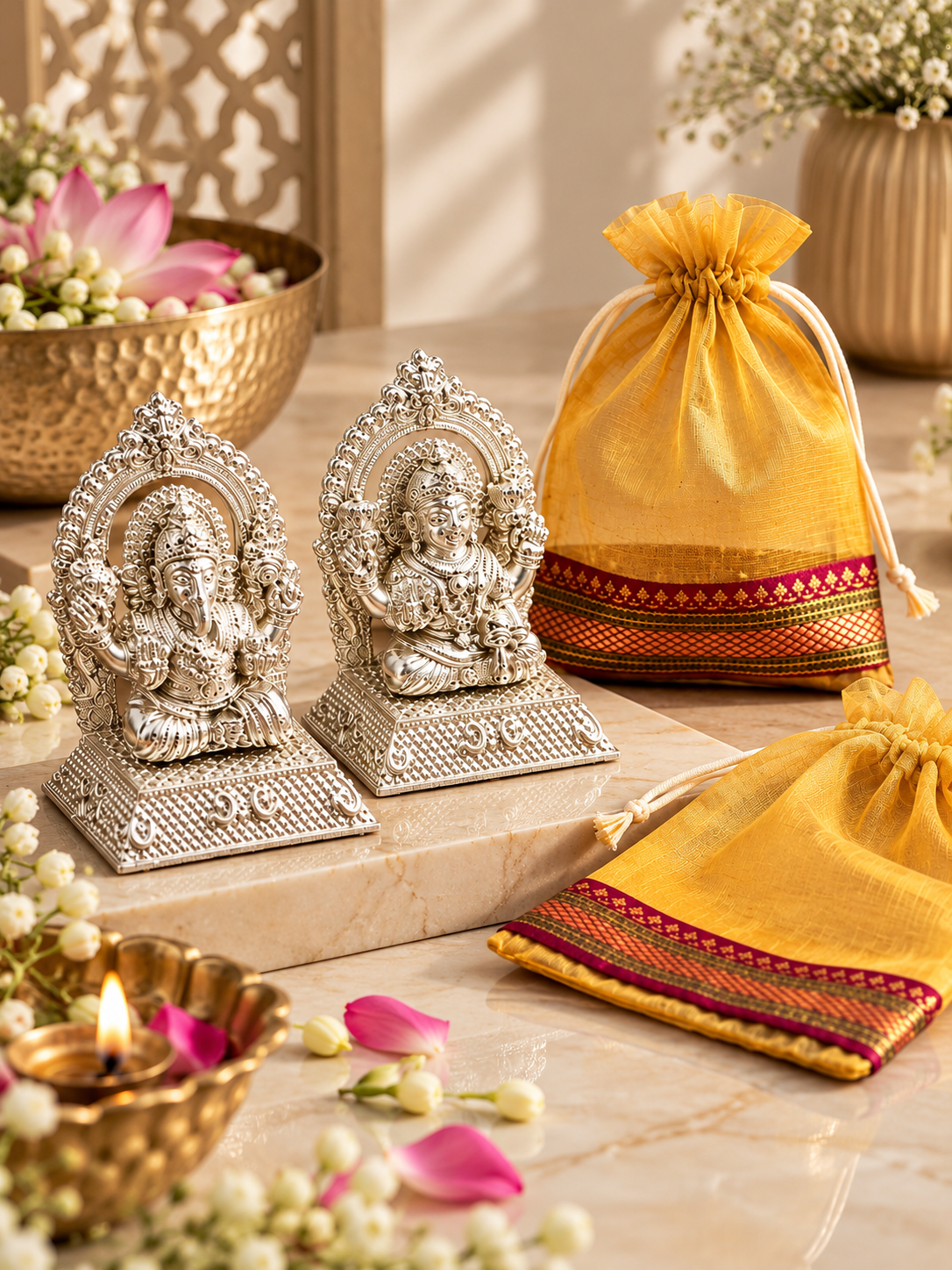 Premium German Silver Lakshmi Ji and Ganesh Ji Idol Pair with Beautiful Potli