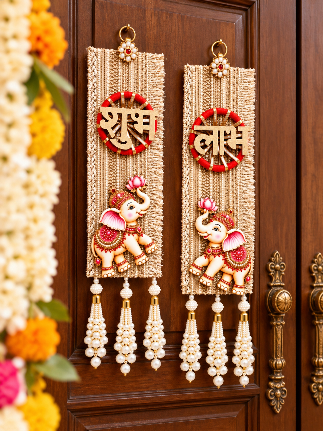 Elephant Design Shubh Labh Hanging with Pearl Tassels | Traditional Door & Wall Decor