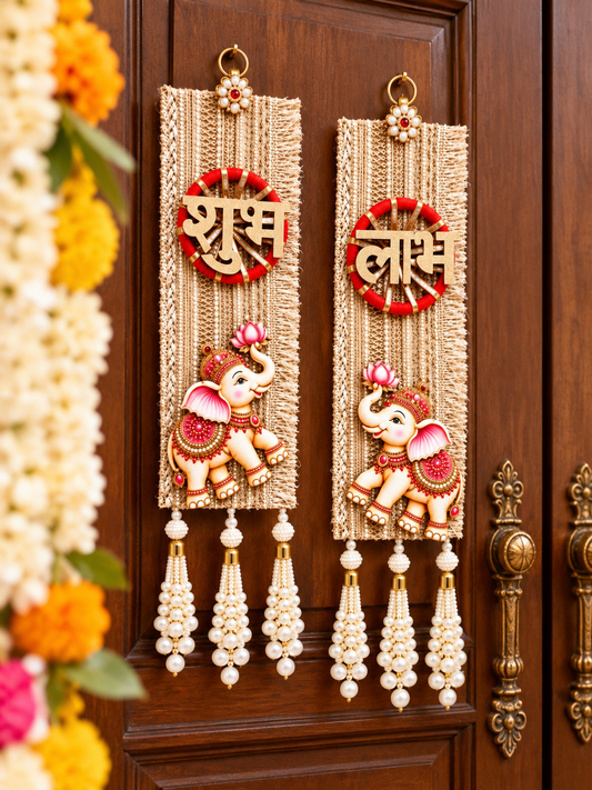 Elephant Design Shubh Labh Hanging with Pearl Tassels | Traditional Door & Wall Decor