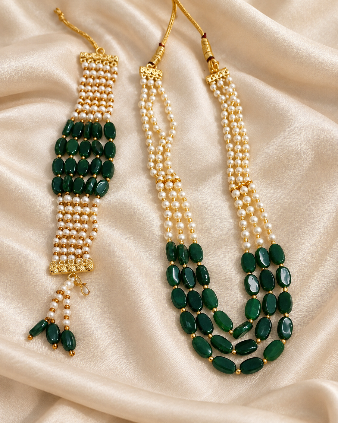 Royal Baraat Swagat Set – Kundan Bead Mala for Men &  Adjustable Bracelet for Women