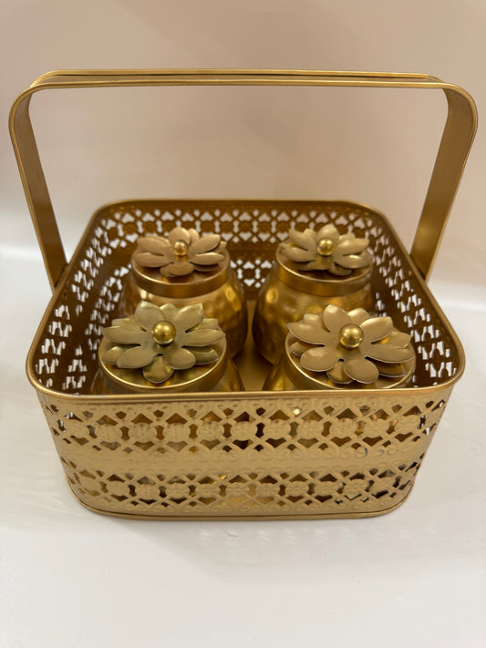 Brass Finish Basket with Floral Jar Set (Set of 4) – Premium Hamper Gift Set