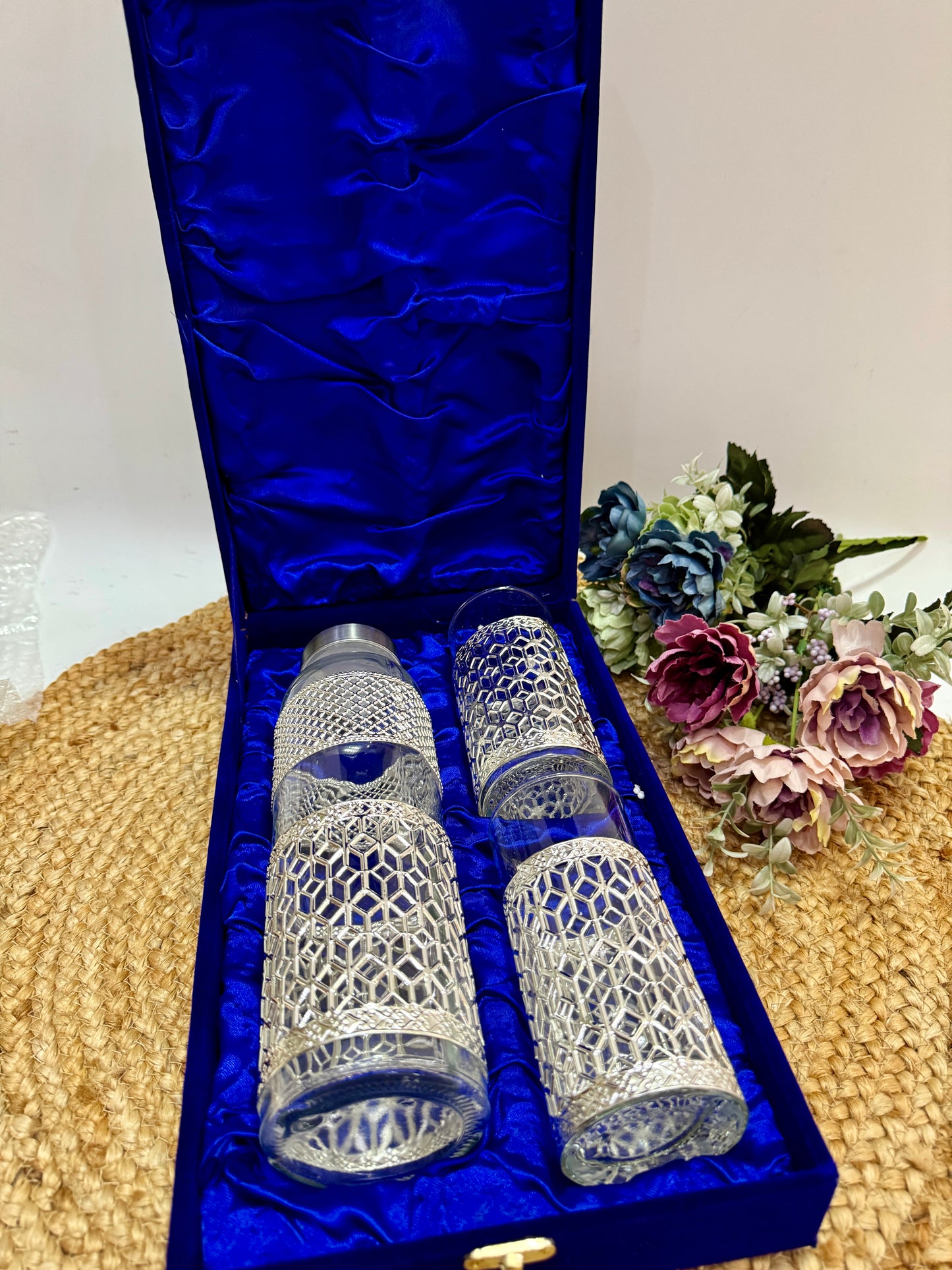 German Silver Work Glass Bottle Set (With 2 Glasses)