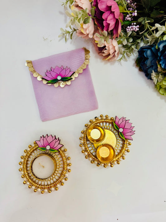 Lotus Organza Pouch with T-Light Holder & Tilak Platter | Festive Gift Set
