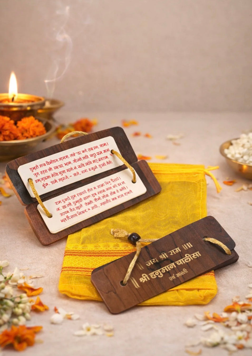 Hanuman Chalisa Wooden Book with Banarasi Organza Potli packing (1 Pc)