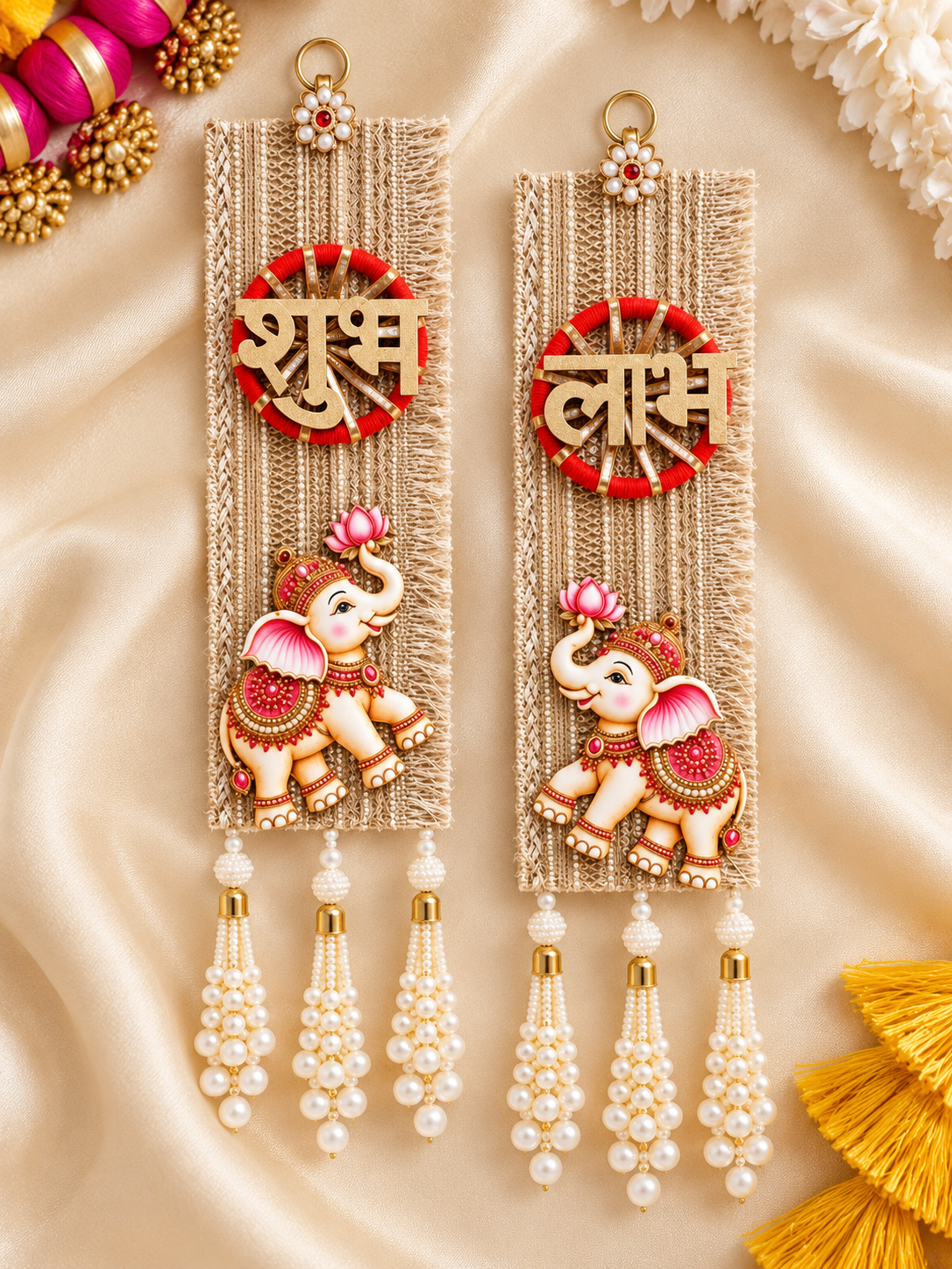 Elephant Design Shubh Labh Hanging with Pearl Tassels | Traditional Door & Wall Decor