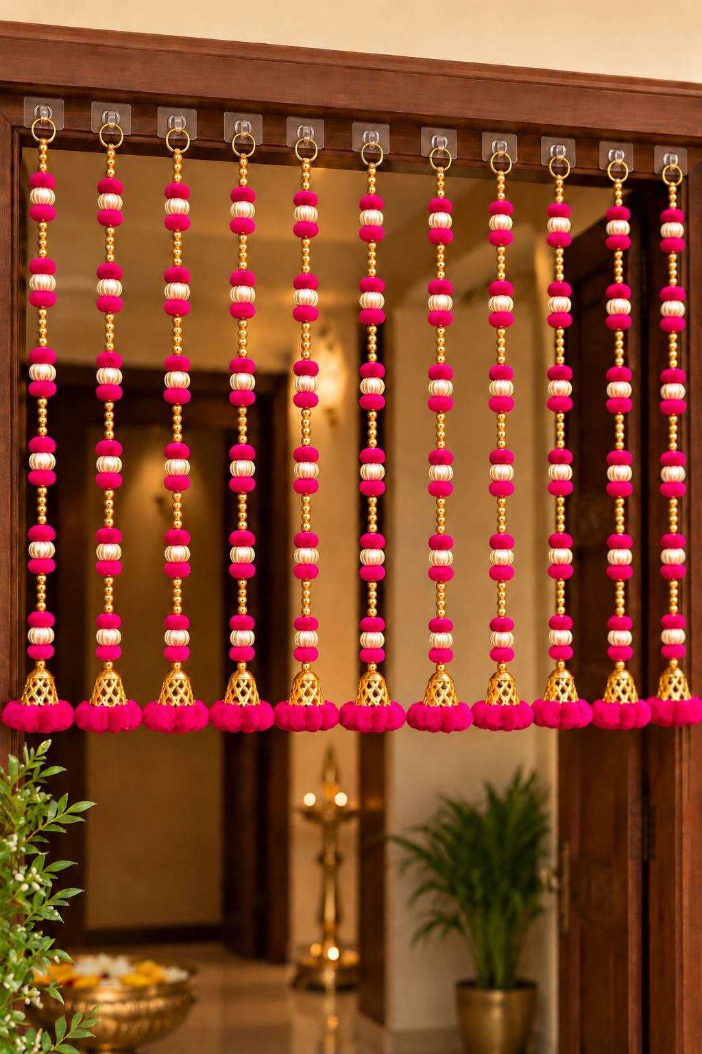 Beaded Hanging Toran with Pom-Pom Tassels | Festive Door Décor (Pack of 10)