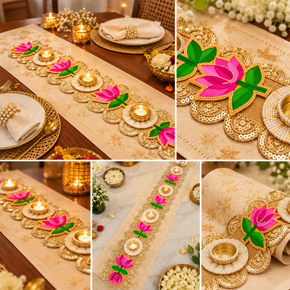 Handmade Pink Lotus Table Runner with T-Light Holders