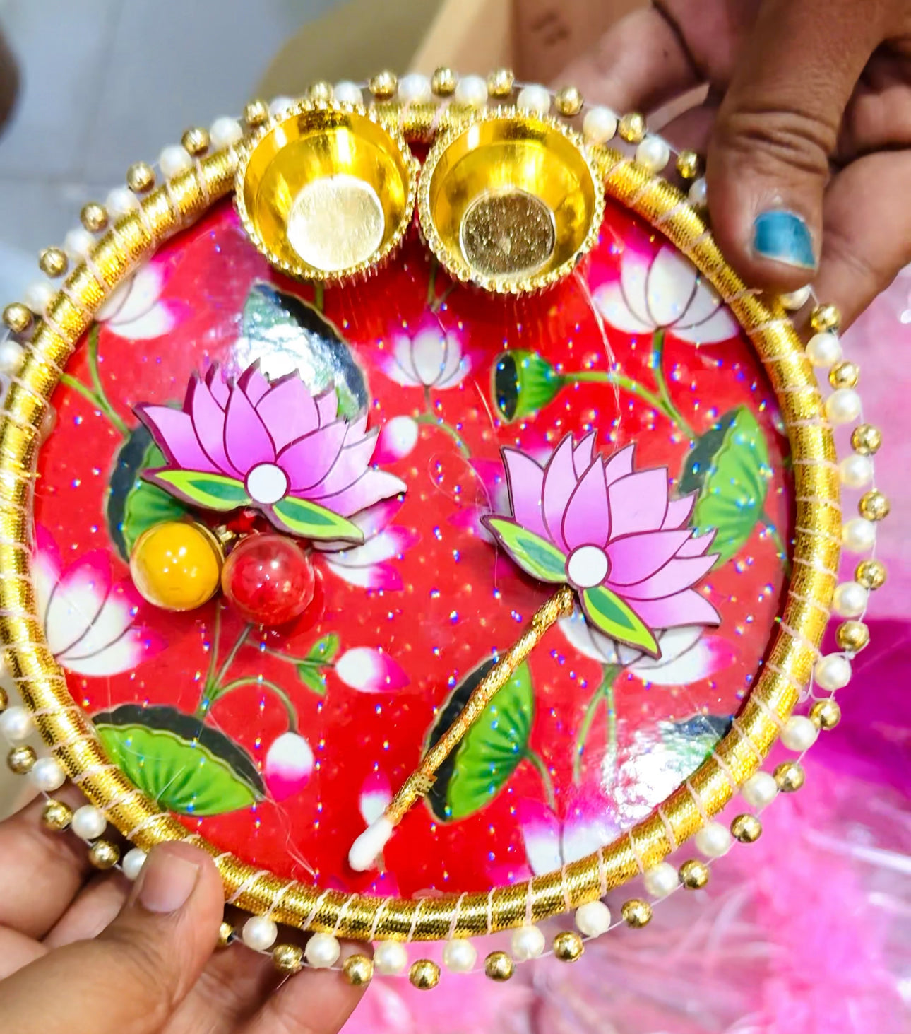 Lotus Pichwai Tilak Platter Set – 6 Inch MDF | Lotus Tilak Stick + Haldi Kumkum Bottles + Organza Potli | Wedding & Festive Pooja Gifts