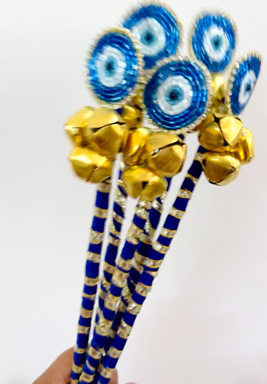 Triple Ghungroo Evil Eye Rattle Stick | Wedding Phera Essentials | Baraat Swagat Props | Blue & Gold