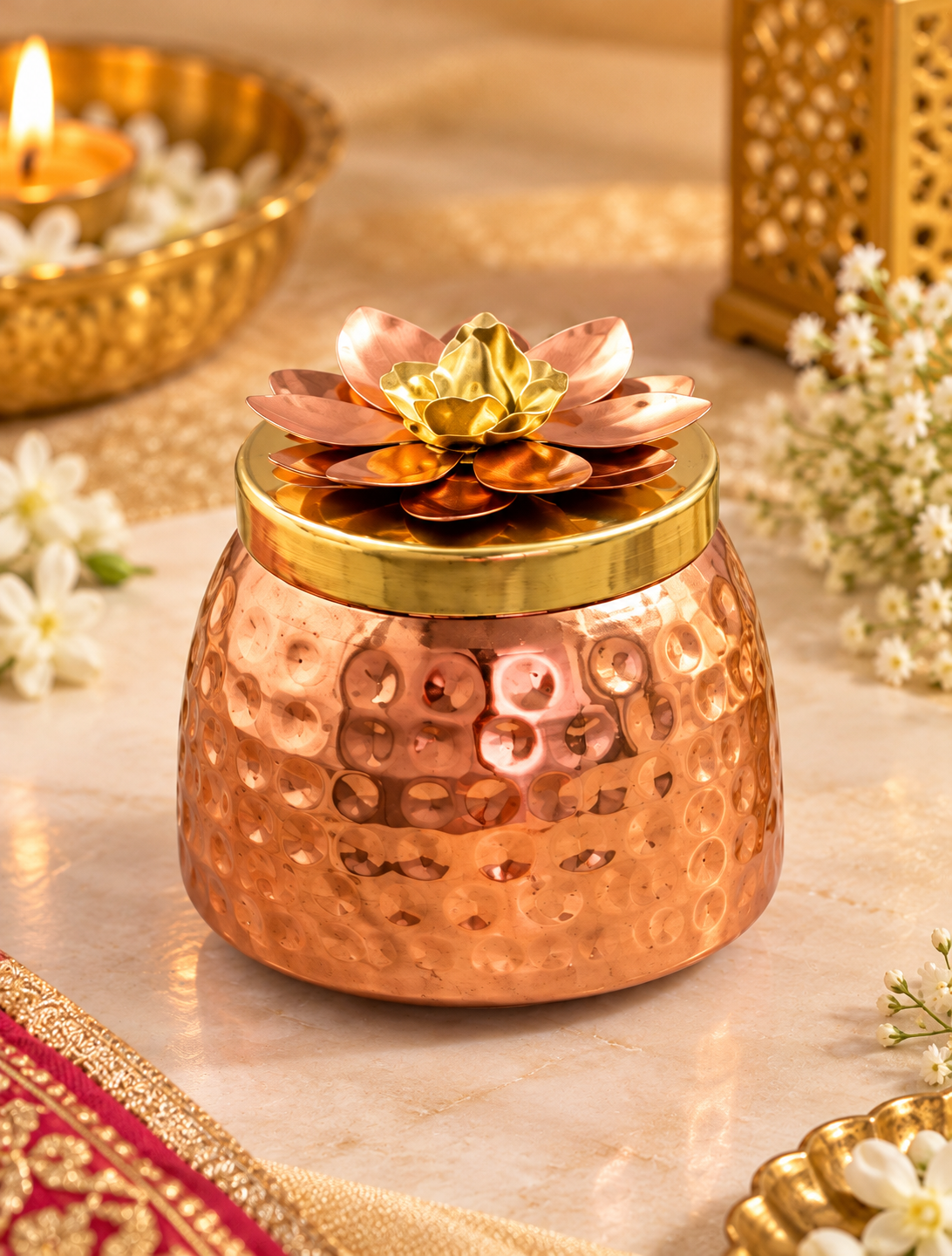 Copper Plated Lotus Jar with Decorative Lid