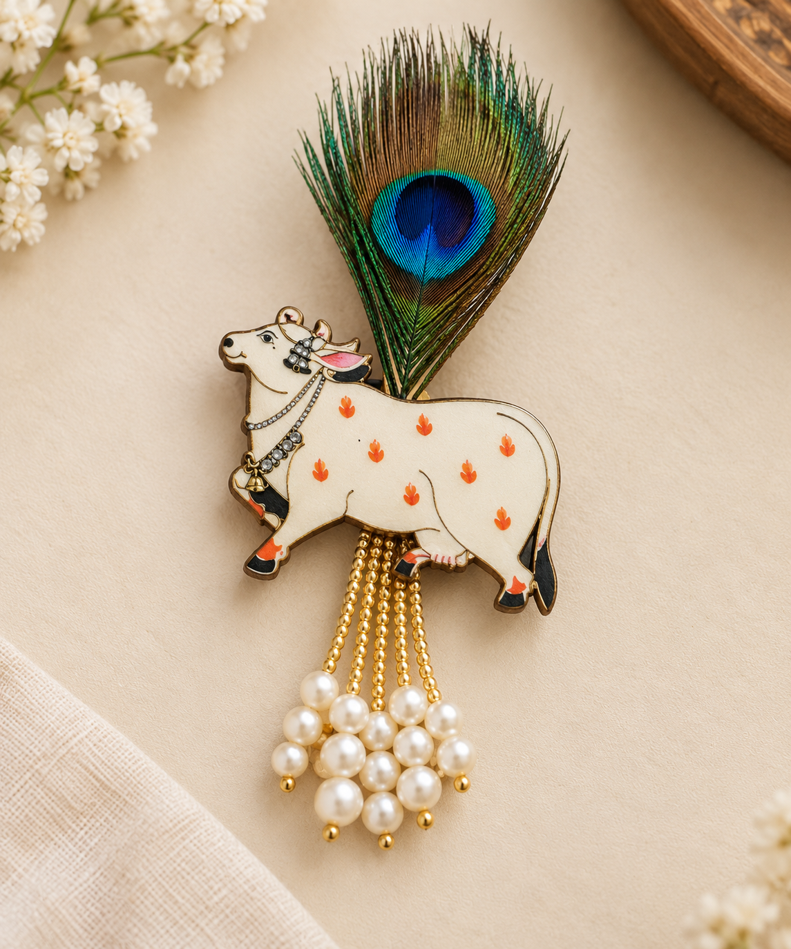 Pichwa cow broch with pearls