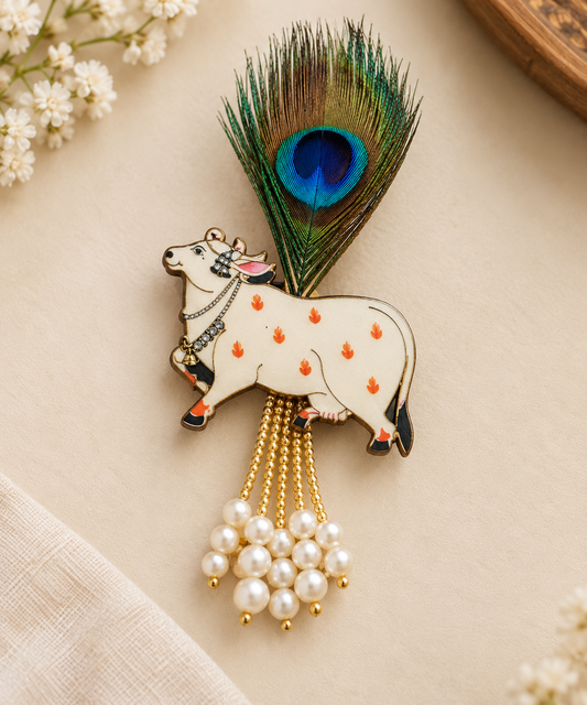 Pichwai cow broch with pearls