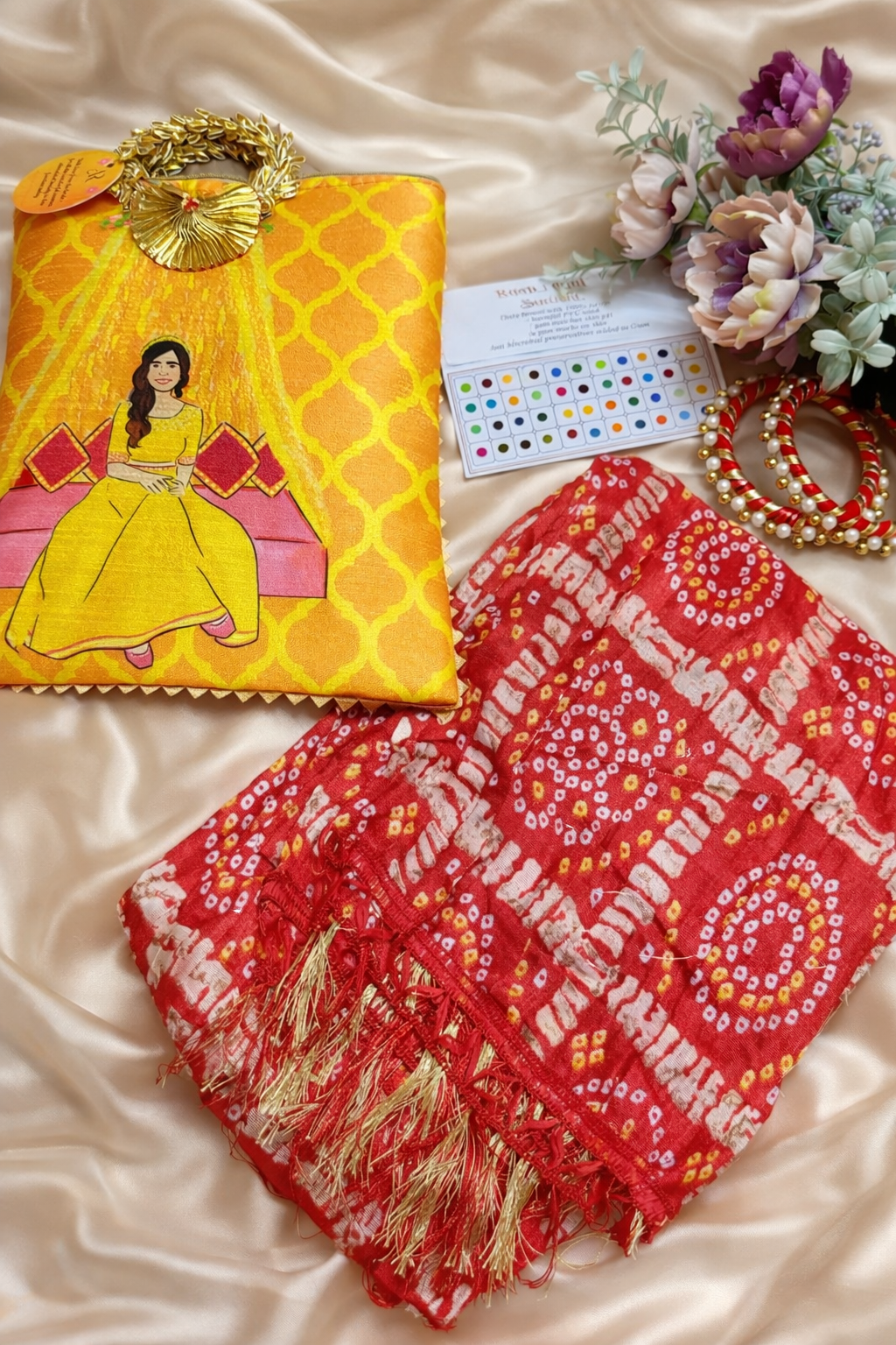 Haldi Ceremony Return Gift Hamper with Bandhej Dupatta, Theme Bag, Bangles & Bindi | Wedding & Mehendi Favours