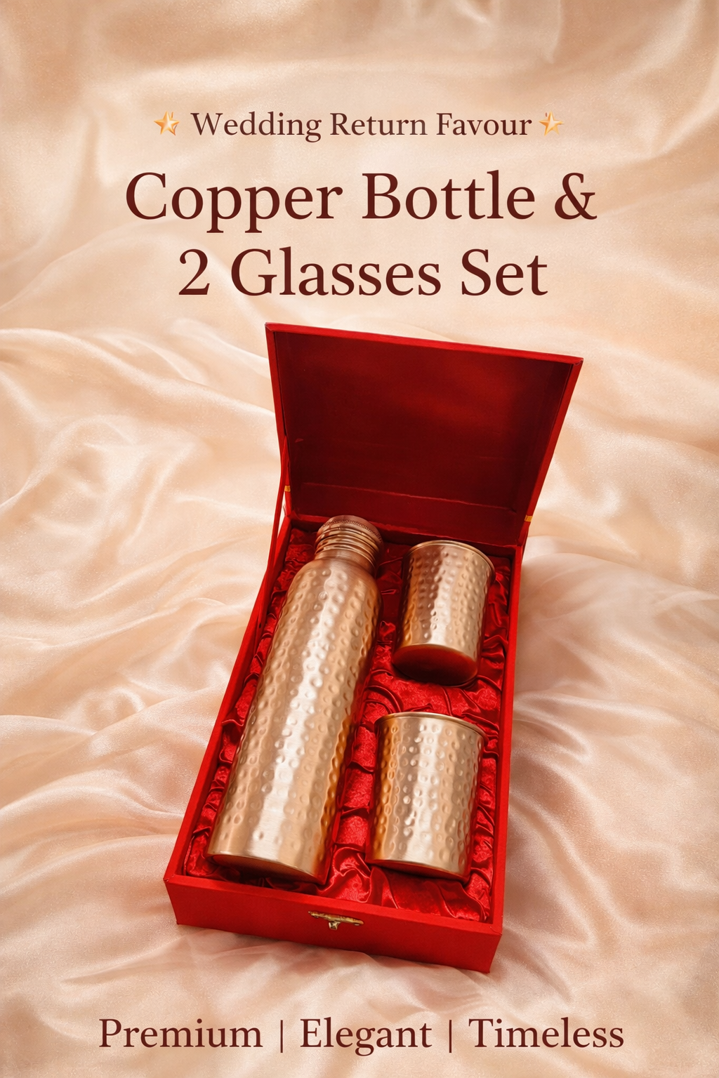 Hammered Copper Bottle with 2 Glasses – Premium Wedding Return Gift Set