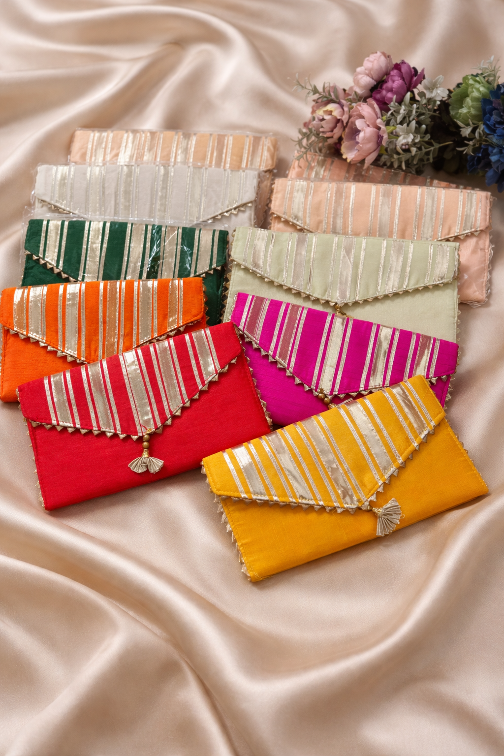 Gota Patti Batua Clutch with Lace Work | Inner Zip & Magnetic Closure | Wedding Return Gift