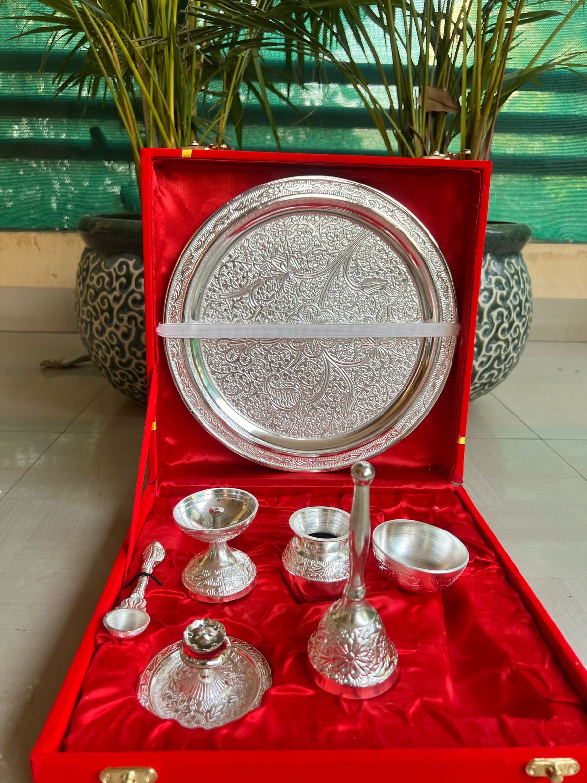 German Silver Pooja Thali Set (8 Inch) with Kalash, Diya, Bell & Bowls | Wedding & Housewarming Gift