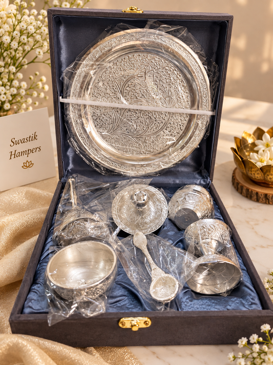 German Silver Pooja Thali Set (8 Inch) with Kalash, Diya, Bell & Bowls | Wedding & Housewarming Gift