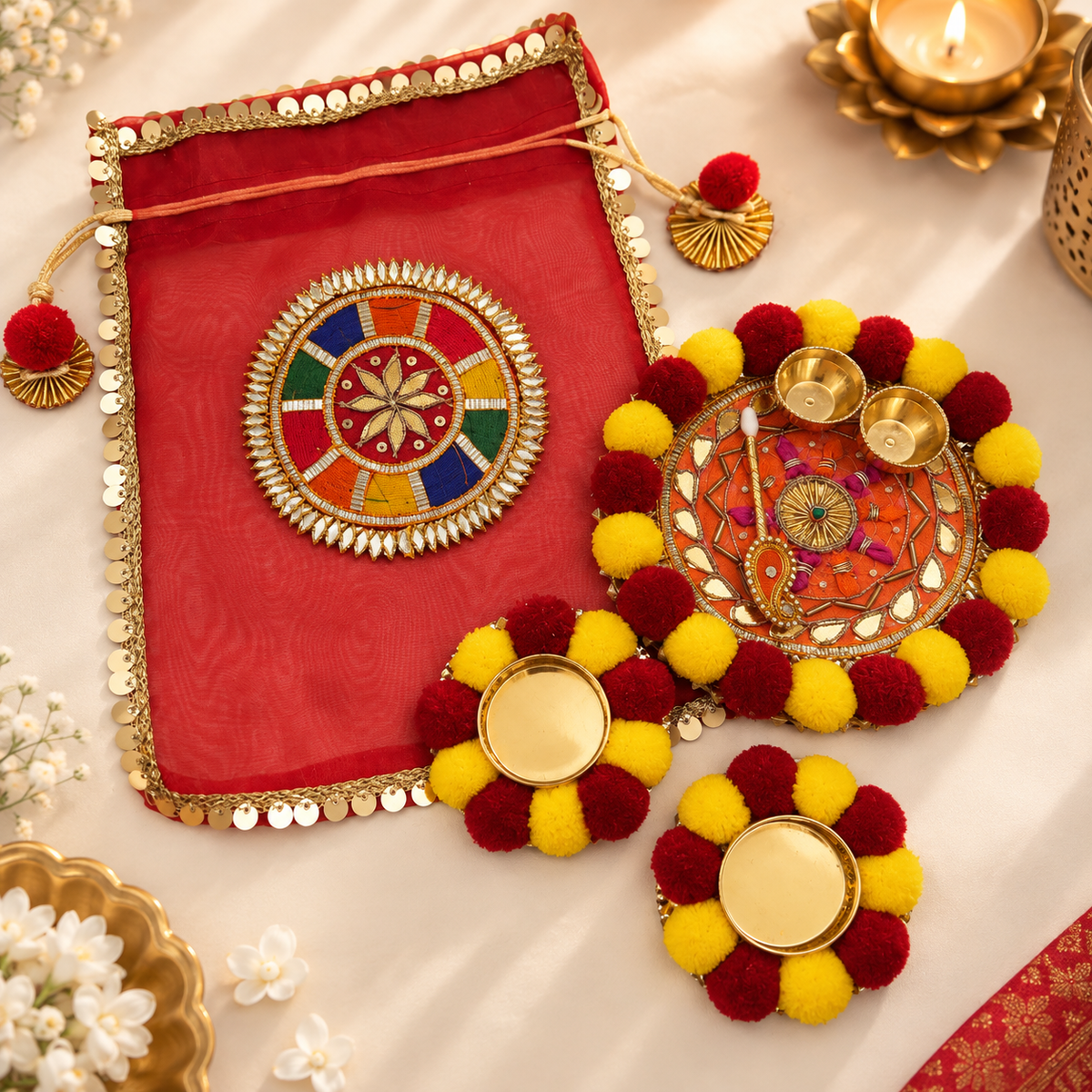 Premium Festive Pooja Hamper – Potli & Designer Pooja Thali Set
