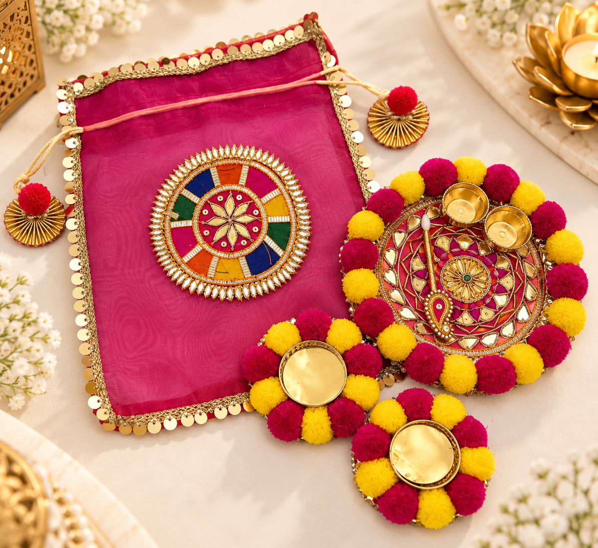 Premium Festive Pooja Hamper – Potli & Designer Pooja Thali Set