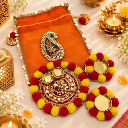 Premium Festive Pooja Hamper – Potli & Designer Pooja Thali Set