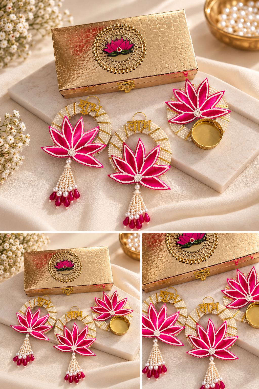 Lotus Pearl Diwali Hamper – Golden Lotus Box with Shubh Labh & T-Light