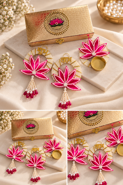 Lotus Pearl Diwali Hamper – Golden Lotus Box with Shubh Labh & T-Light