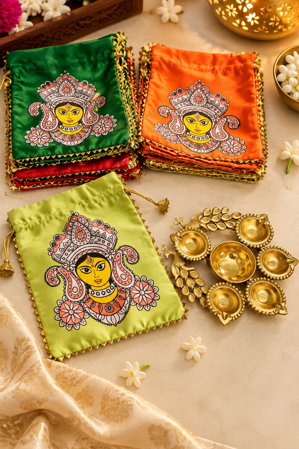 Durga Theme Satin Potli with Peacock Design & Brass-Coated Urli | Festive Gift Potli