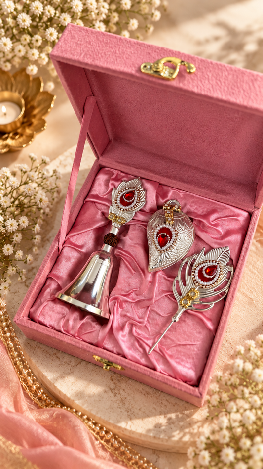 Premium Kundan Tilak Chopra, Tilak Stick & Bell Set with Velvet Window Box