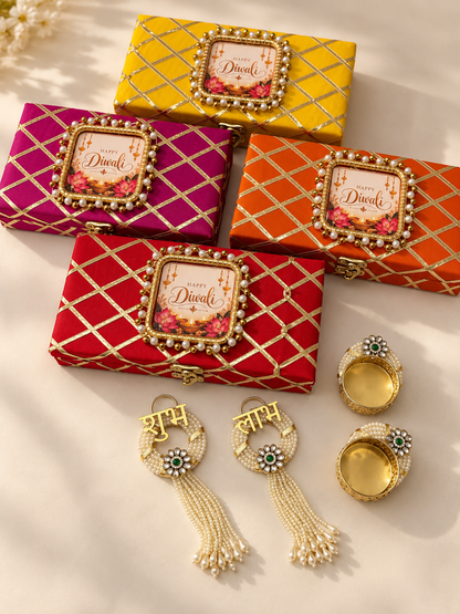 Diwali Gift Hamper in Colourful Gota-Decorated Wooden Trunk Box with Shubh Labh Pair & Matching Tea Light Holders