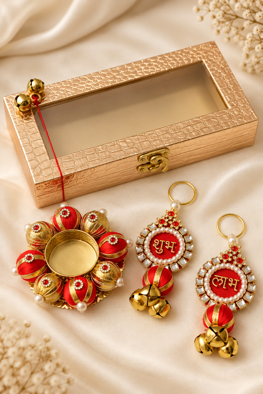 Golden MDF Diwali Gift Box with Shubh Labh Hanging & Tea Light