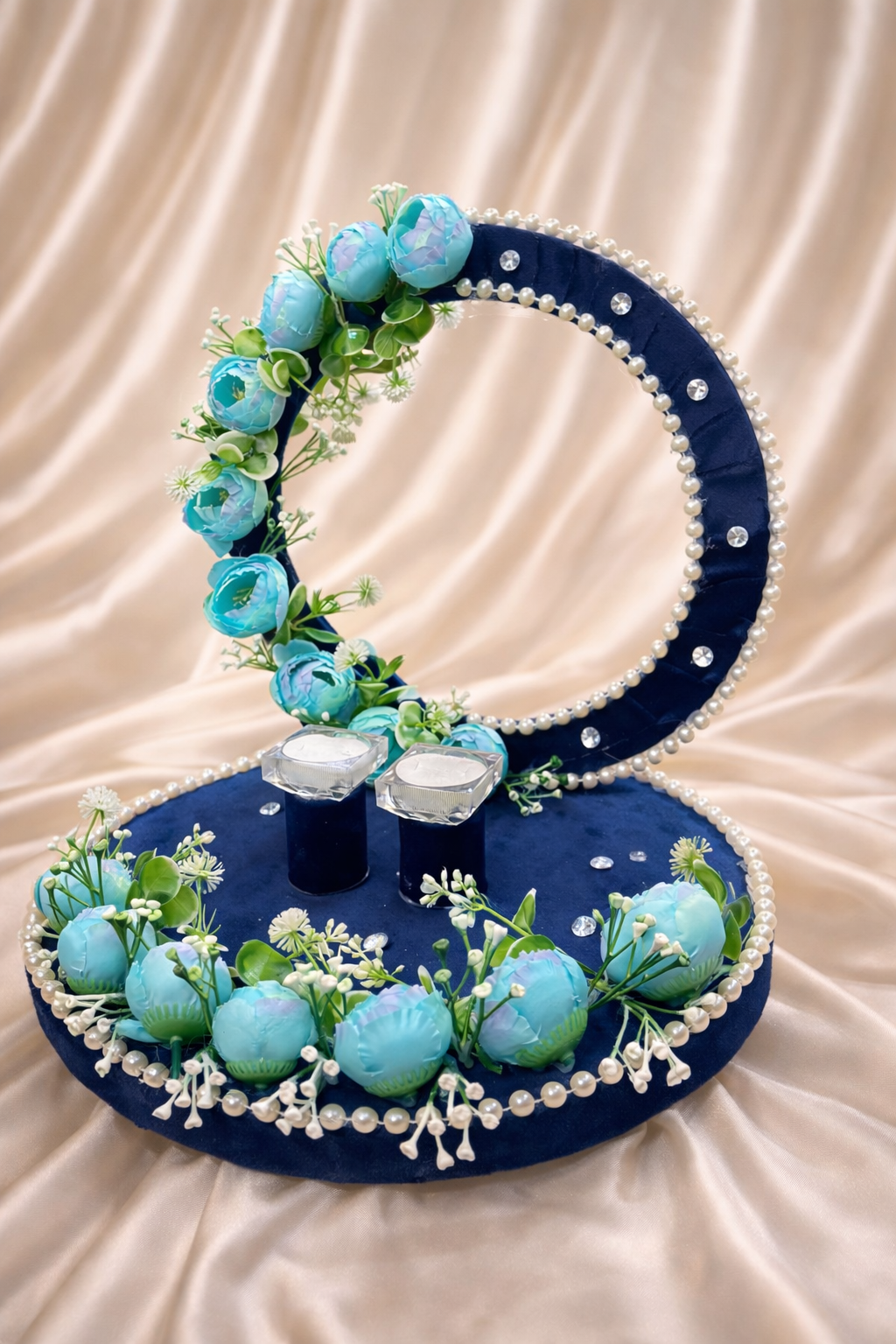 Royal Blue Floral Ring Platter with Pearl Frame (1 Pc)