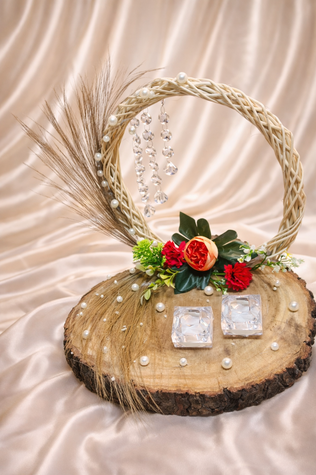 Rustic Wicker Ring Platter with Floral & Crystal Detailing (1 Pc)