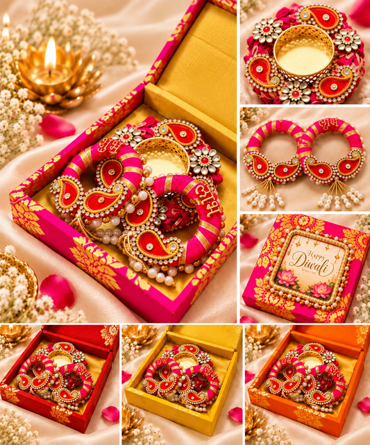 Diwali Hamper with Handcrafted Kundan Tealight Holder & Shubh Labh Hanging