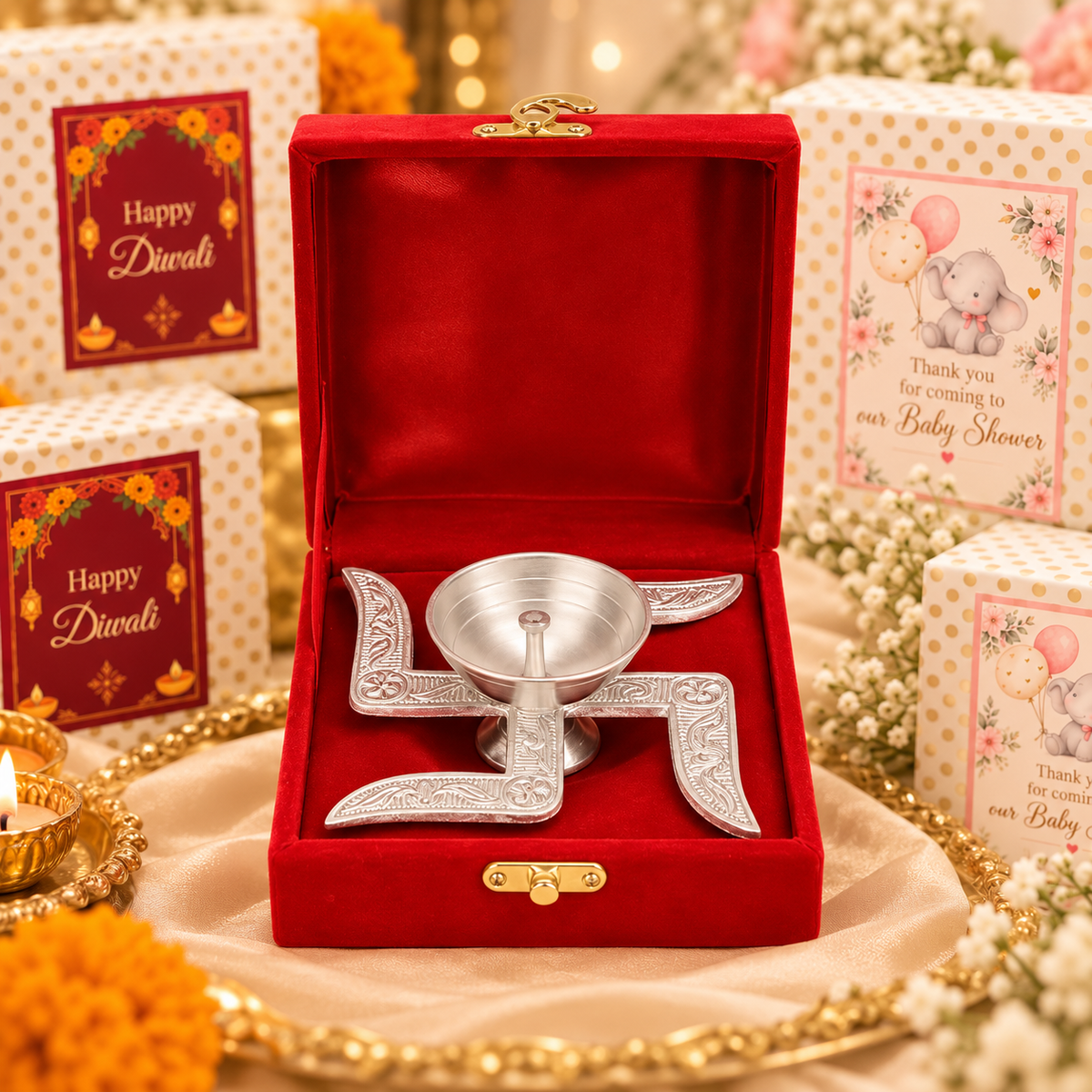 German Silver Swastik Diya (4.5 Inch) | Auspicious Diya for Pooja, Diwali & Return Gifts