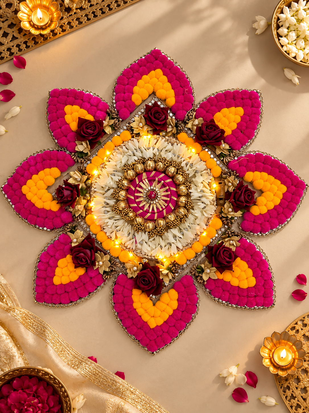 LED Pom Pom Floral Rangoli – 9-Piece Set