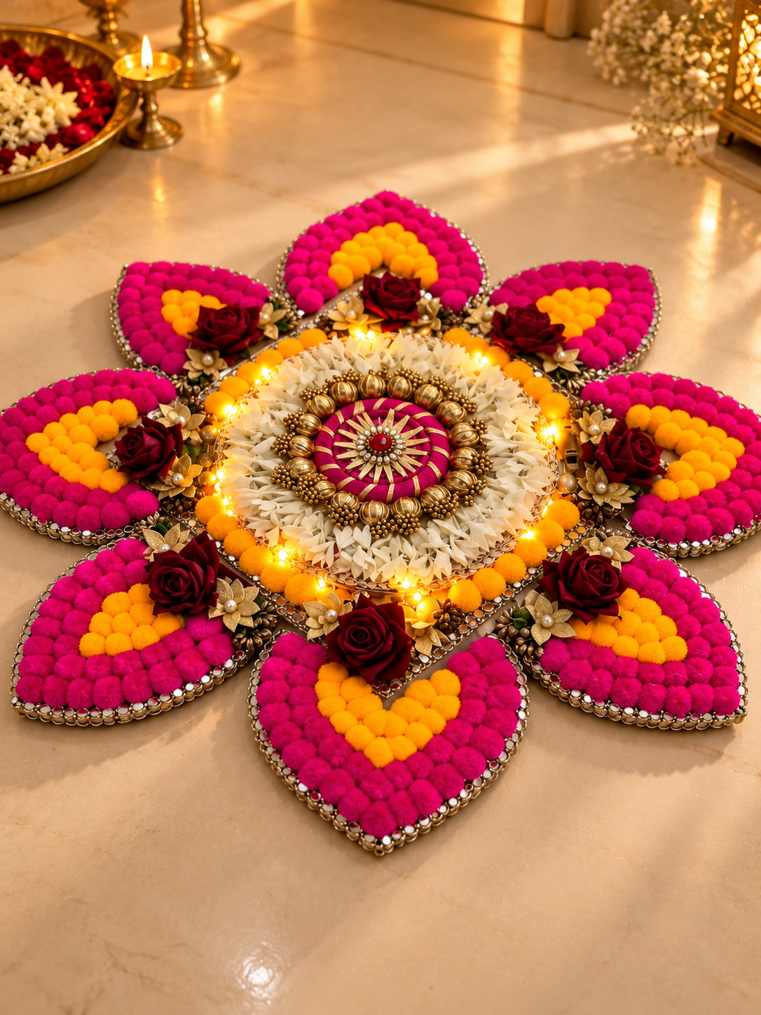 LED Pom Pom Floral Rangoli – 9-Piece Set