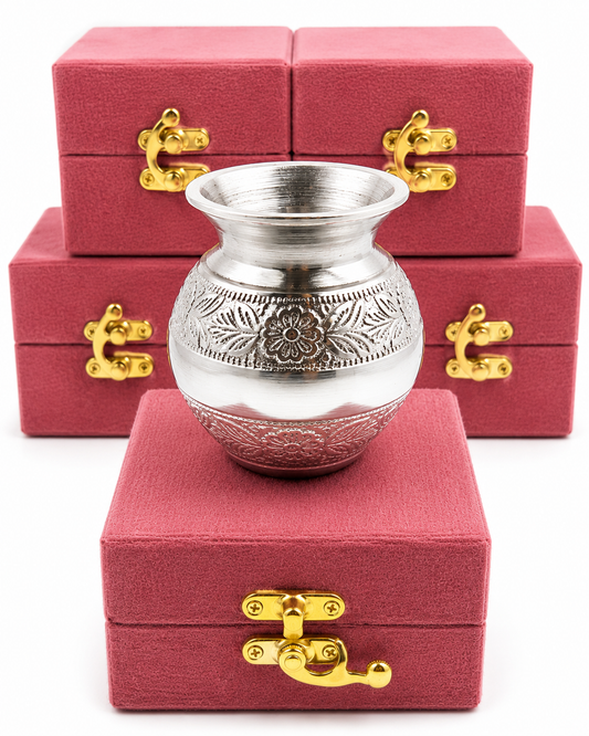 German Silver Naqqashi Lota / Kalash with Premium Suede Box (3 Inch)