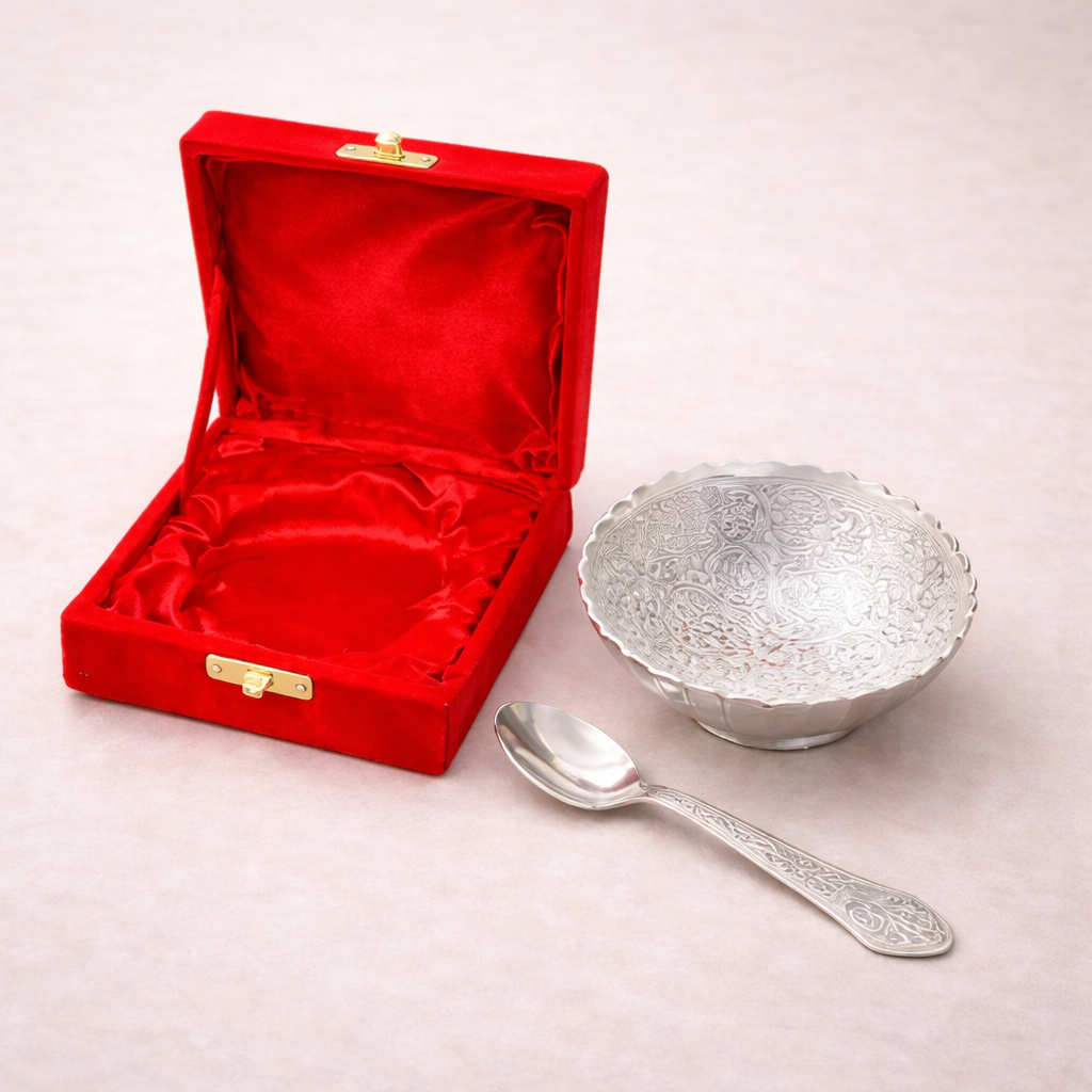 German Silver Bowl & Spoon Set with Velvet Box (4 Inch)
