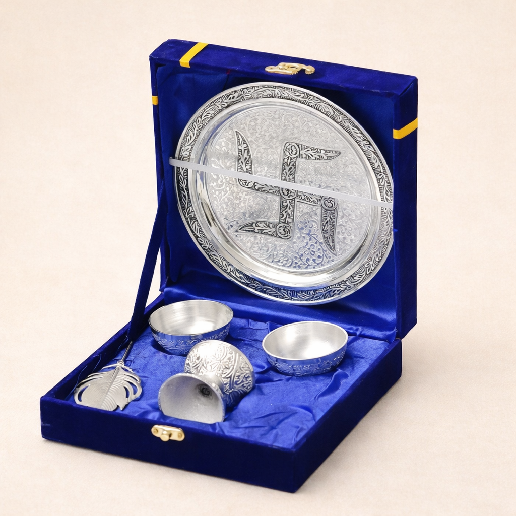 German Silver Swastik Pooja Thali Set (7 Inch) with Bowls, Diya & Tilak Stick | Wedding Return Gift