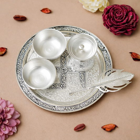 German Silver Swastik Pooja Thali Set (7 Inch) with Bowls, Diya & Tilak Stick | Wedding Return Gift