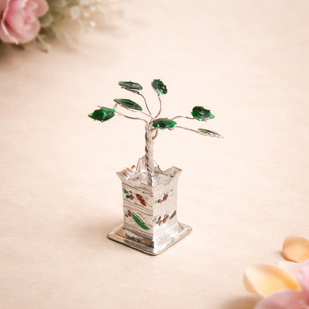 German Silver Tulsi Ji (With Meenakari Pot & Potli)