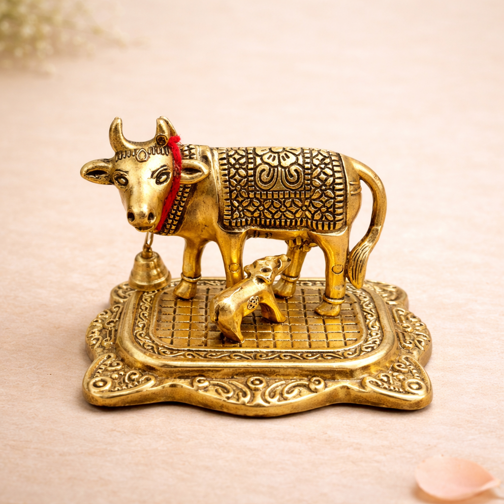 Kamdhenu Cow & Calf Idol (3 Inch) | Gift of Prosperity for Home, Pooja & Gifting (with organza potli)
