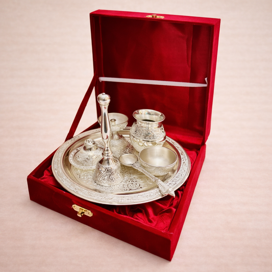 German Silver Pooja Thali Set (8 Inch) with Kalash, Diya, Bell & Bowls | Wedding & Housewarming Gift