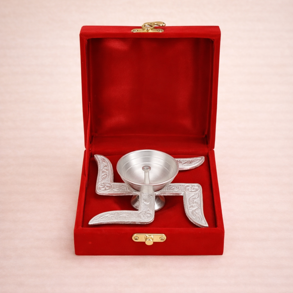 German Silver Swastik Diya (4.5 Inch) | Auspicious Diya for Pooja, Diwali & Return Gifts