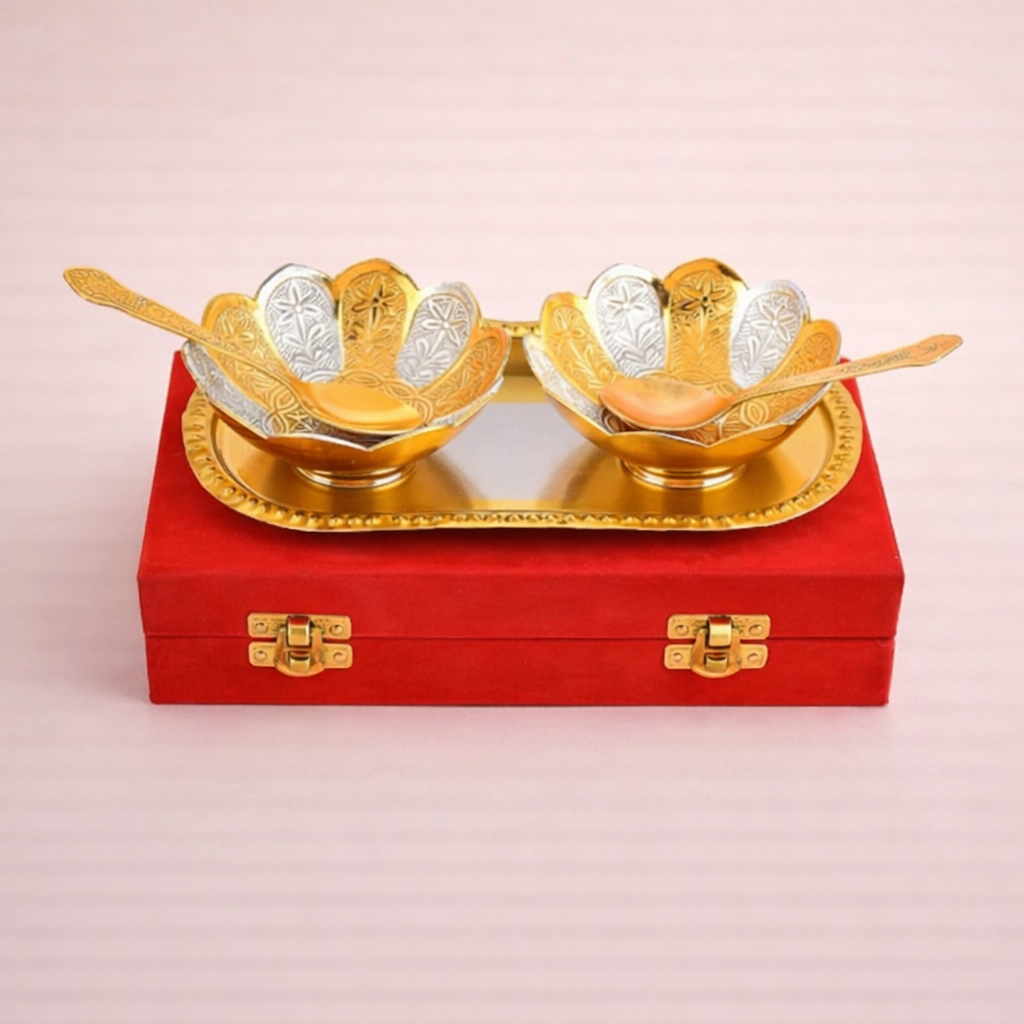 German Silver Lotus Bowl Set with Tray (Dual Tone) | 2 Bowls & 2 Spoons | Return Gift