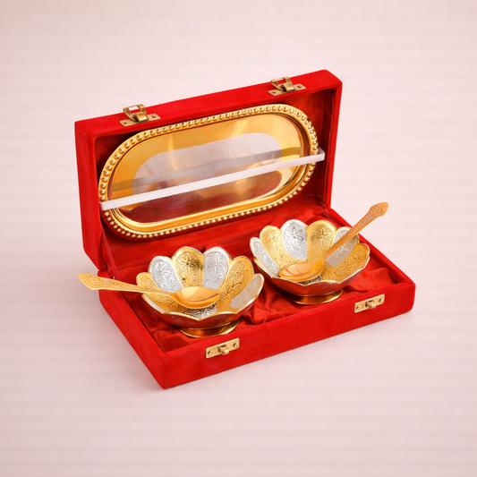 German Silver Lotus Bowl Set with Tray (Dual Tone) | 2 Bowls & 2 Spoons | Return Gift
